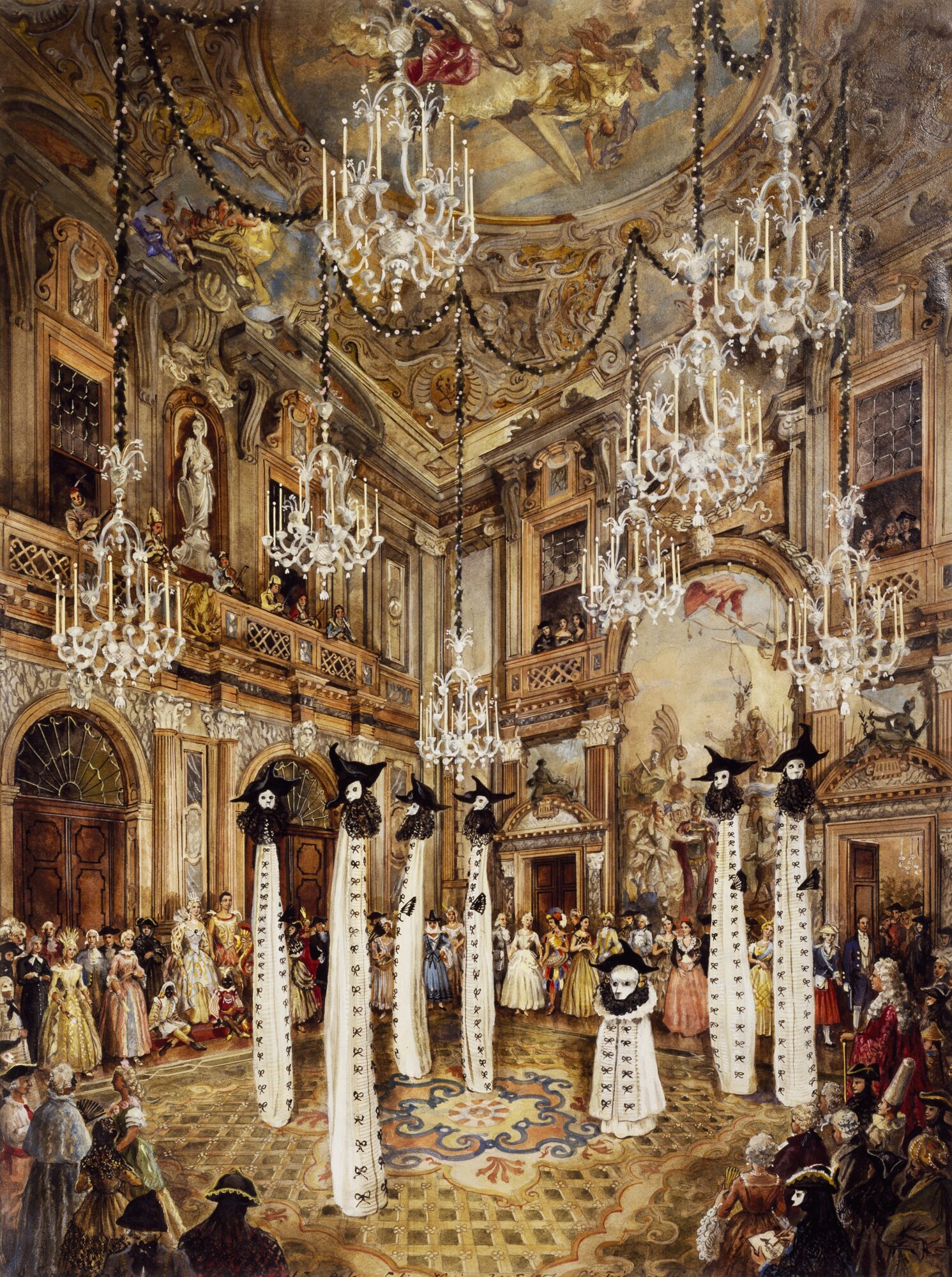 Alexandre Serebriakoff, Entrance of the ghosts of Venice during a fancy dress party, in 1951 by Charles de Beistegui in Palazzo Labia, watercolour / Agefotostock
