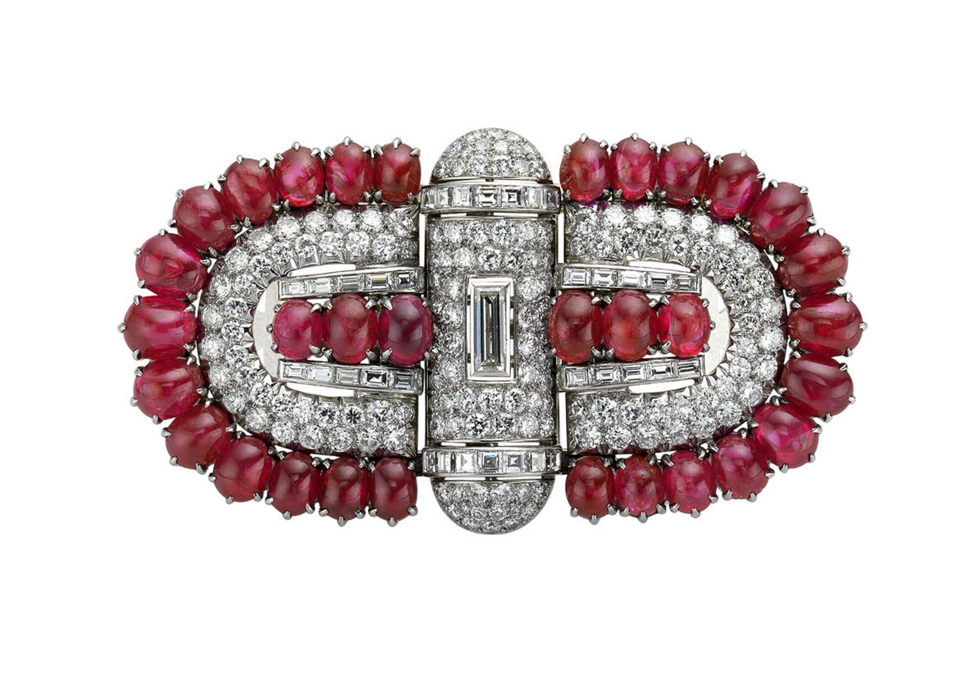 Brooch / Triple Clip set with diamonds and rubies, ca 1930. 