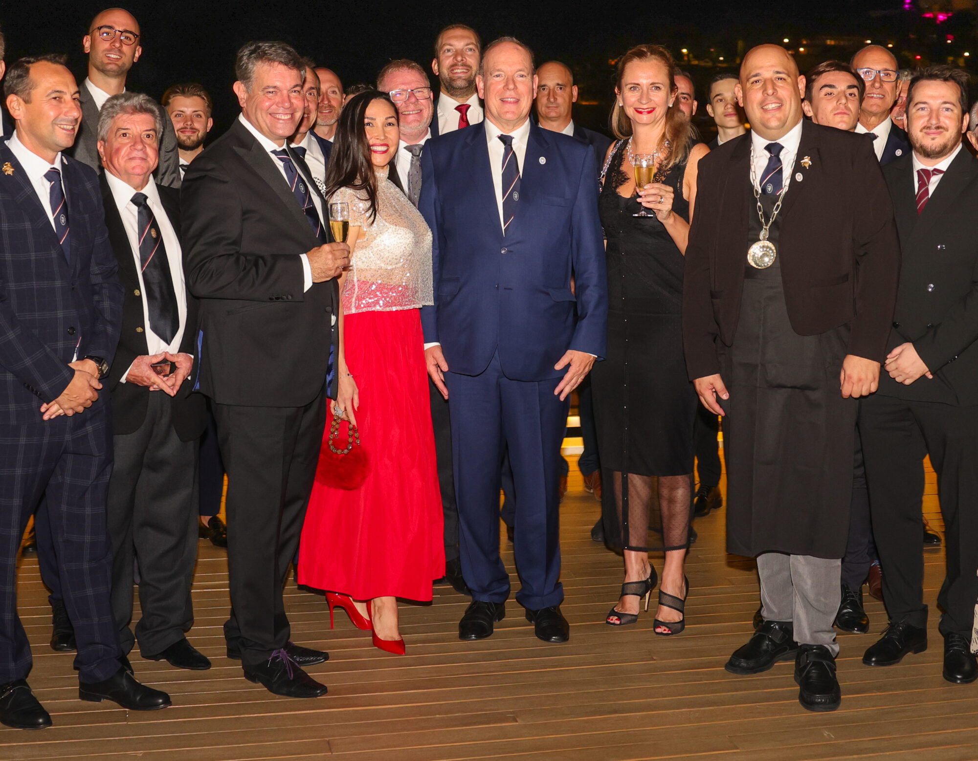 Prince Albert II of Monaco with Dominique Milardi, the President the Association Monegasque des Sommelier, Gulshat Uzenbaeva, LUXPRO event company Founder, Lionel Compan, Chef Sommelier of the YCM, Julia Scavo, Champion of the World of the blind wine degustation and other members of the AMS